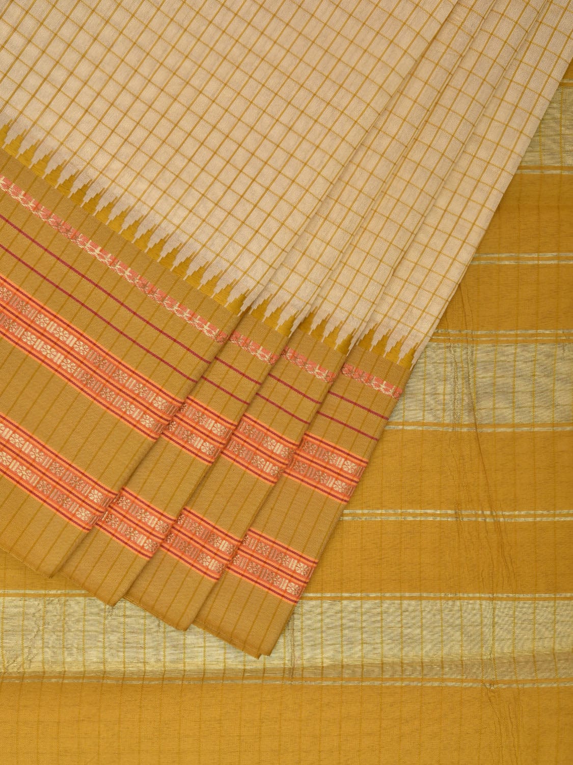 White and Green Bamboo Cotton Viscose Silk Saree with Checks Design No Blouse bc0373