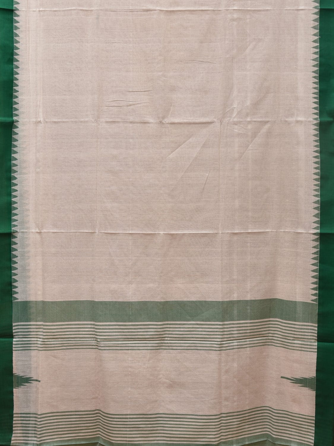 White and Green Khadi Cotton Handloom Plain Saree with Temple Border Design kh0633