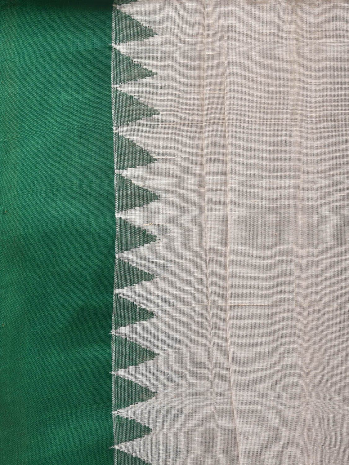 White and Green Khadi Cotton Handloom Plain Saree with Temple Border Design kh0633