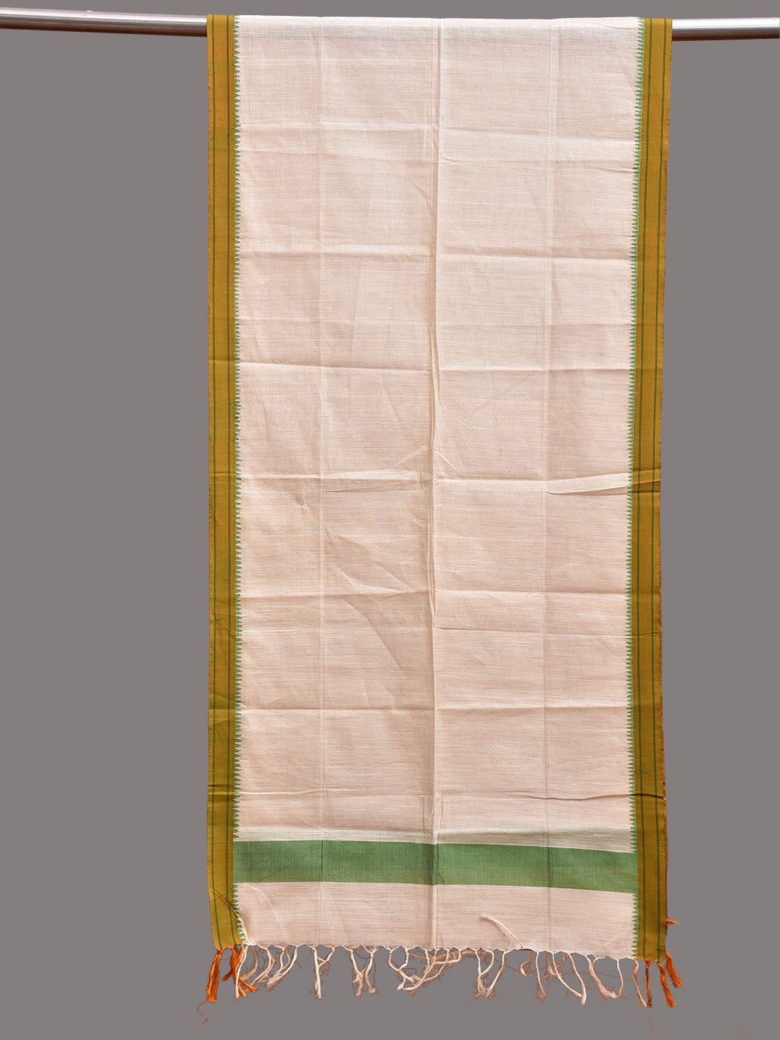 White and Green Khadi Cotton Handloom Stole with Small Temple Border ds3743