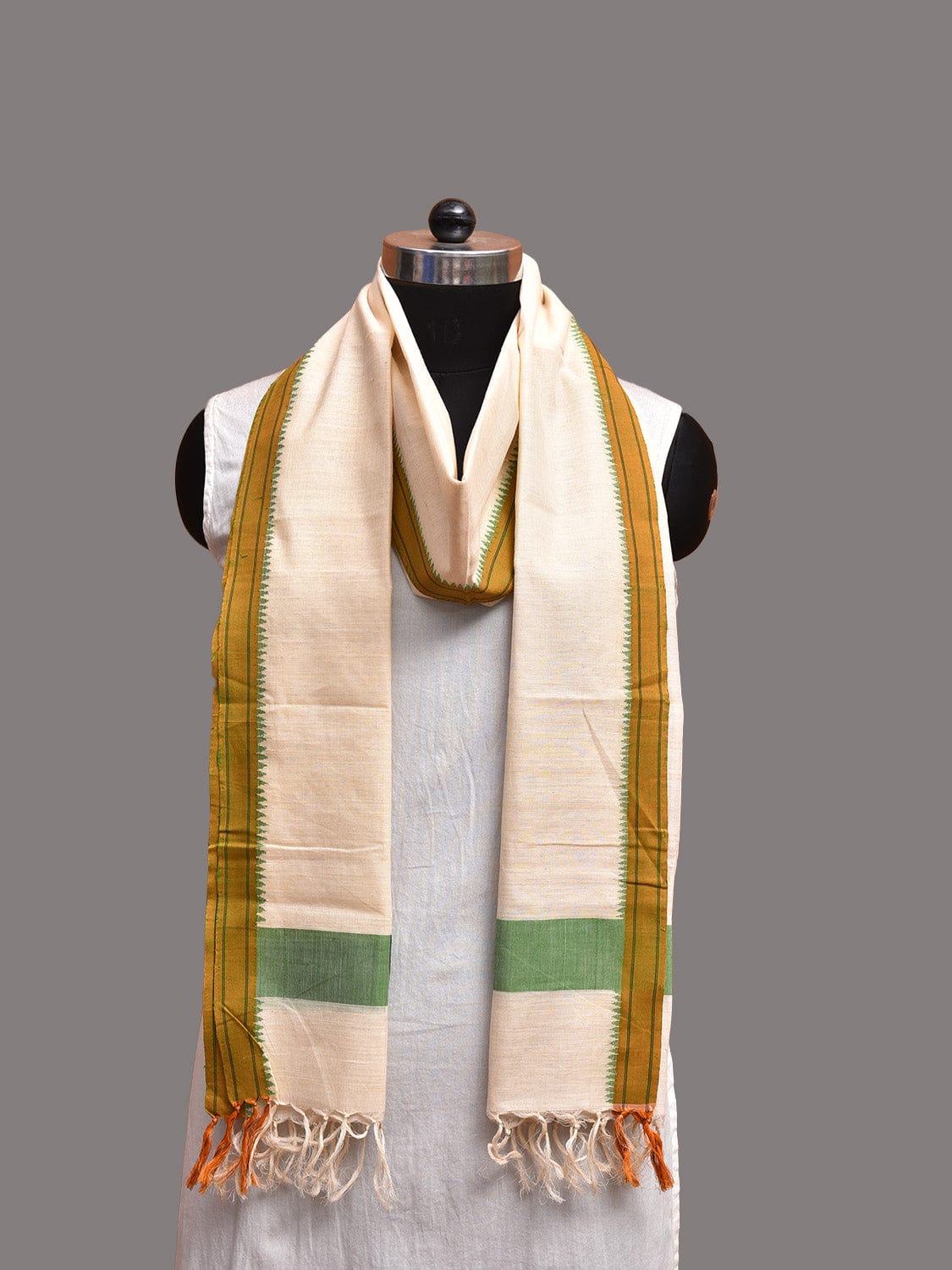 White and Green Khadi Cotton Handloom Stole with Small Temple Border ds3743