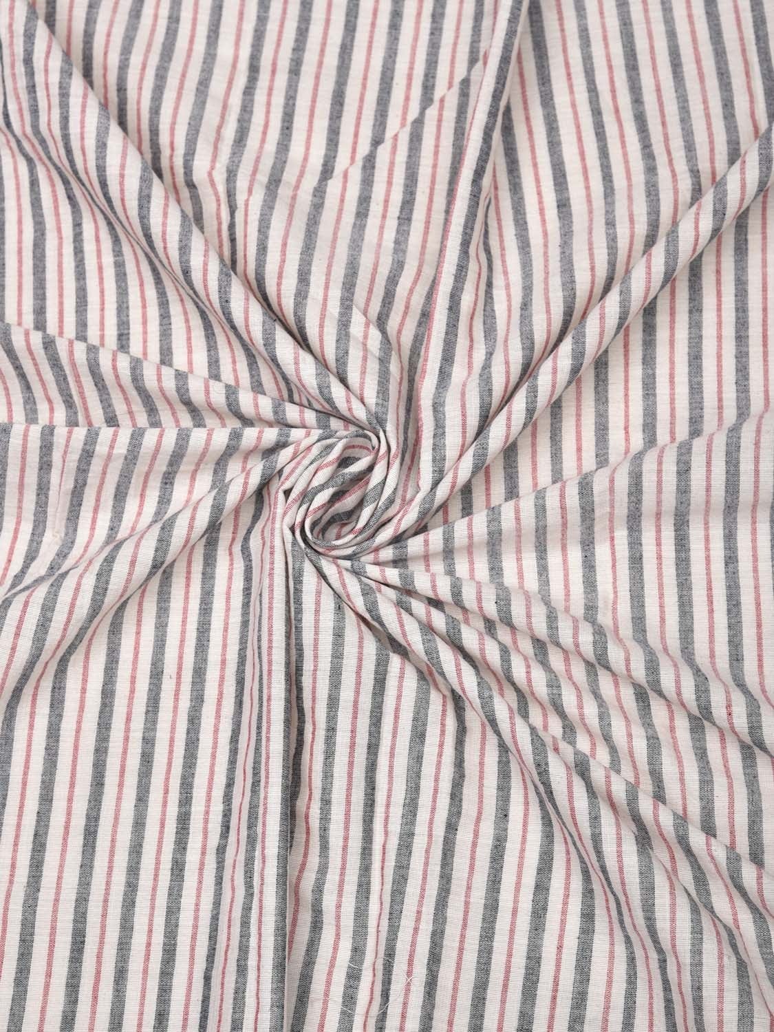 White and Grey Cotton Handloom 2.5mts Fabric With Strips Design f0185