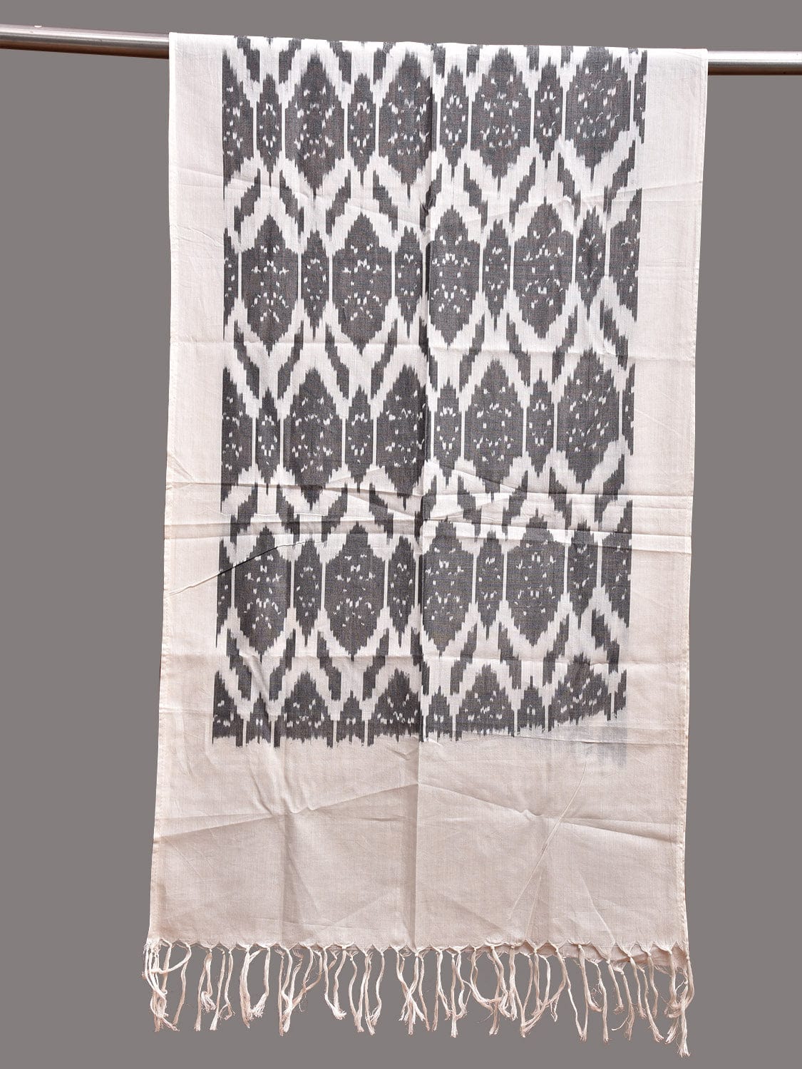 White and Grey Ikat Cotton Handloom Stole with Grill Design ds3745