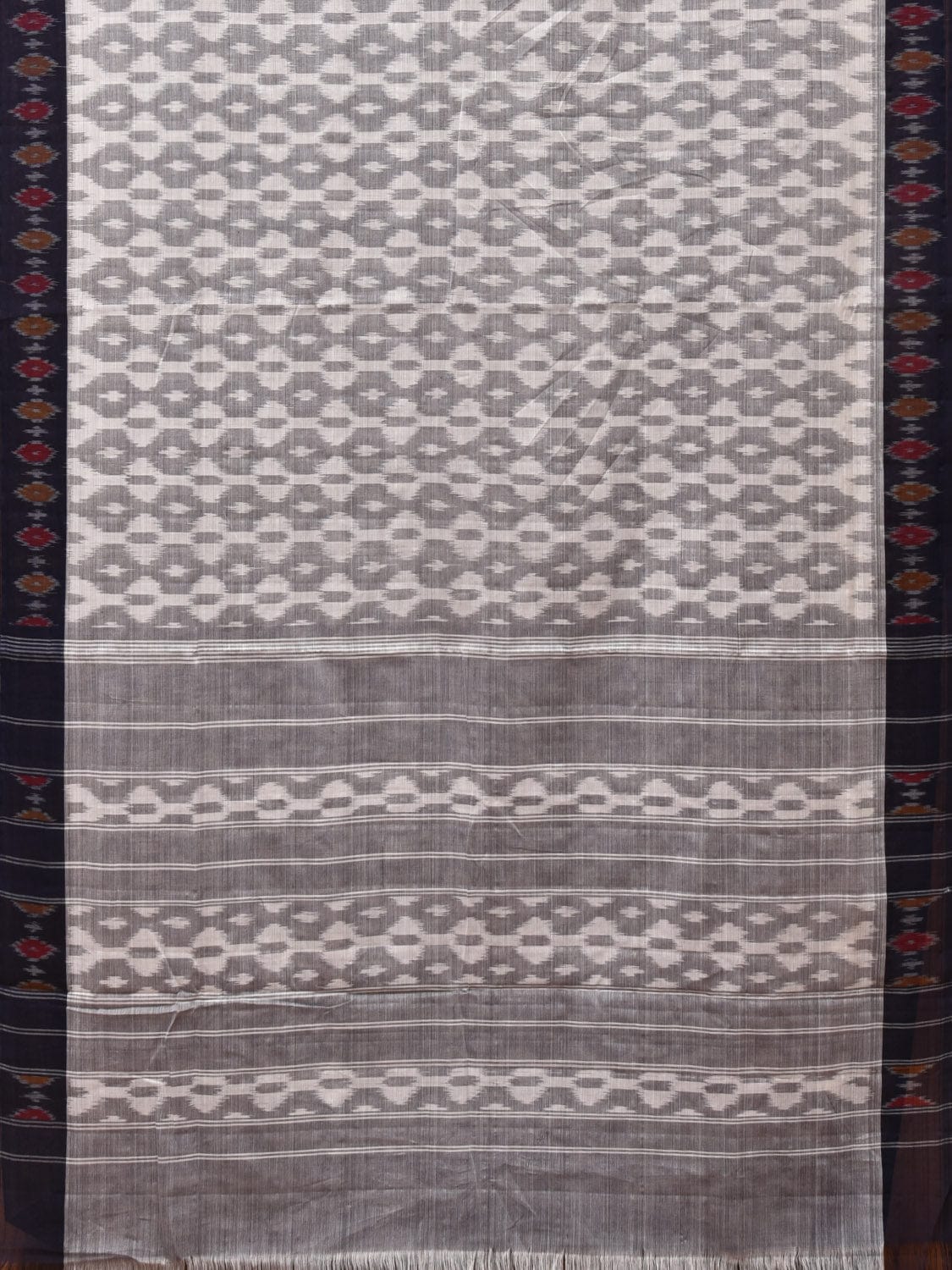 White and Light Grey Pochampally Ikat Cotton Handloom Saree with Border Design No Blouse i0824