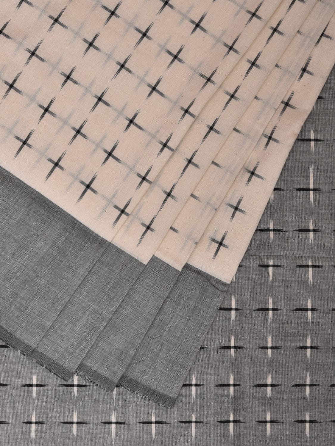 White and Light Grey Pochampally Ikat Cotton Handloom Saree with Plus Buta Design No Blouse i0838