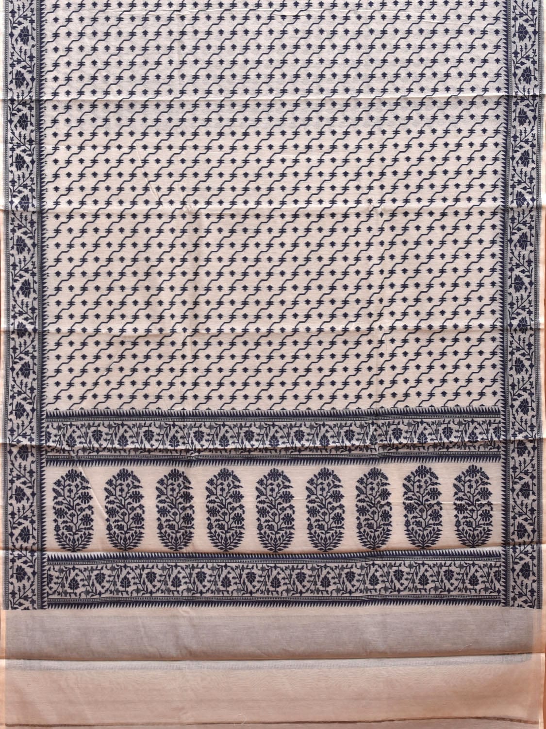 White and Navy Dhakai Jamdani Cotton Viscose Saree with Diagonal and Floral Pallu Design dj0085
