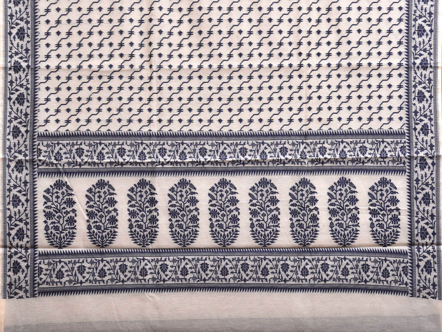 White and Navy Dhakai Jamdani Cotton Viscose Saree with Diagonal and Floral Pallu Design dj0085
