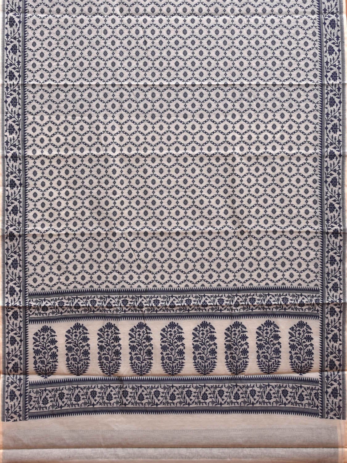 White and Navy Dhakai Jamdani Cotton Viscose Saree with Grill and Floral Pallu Design dj0080