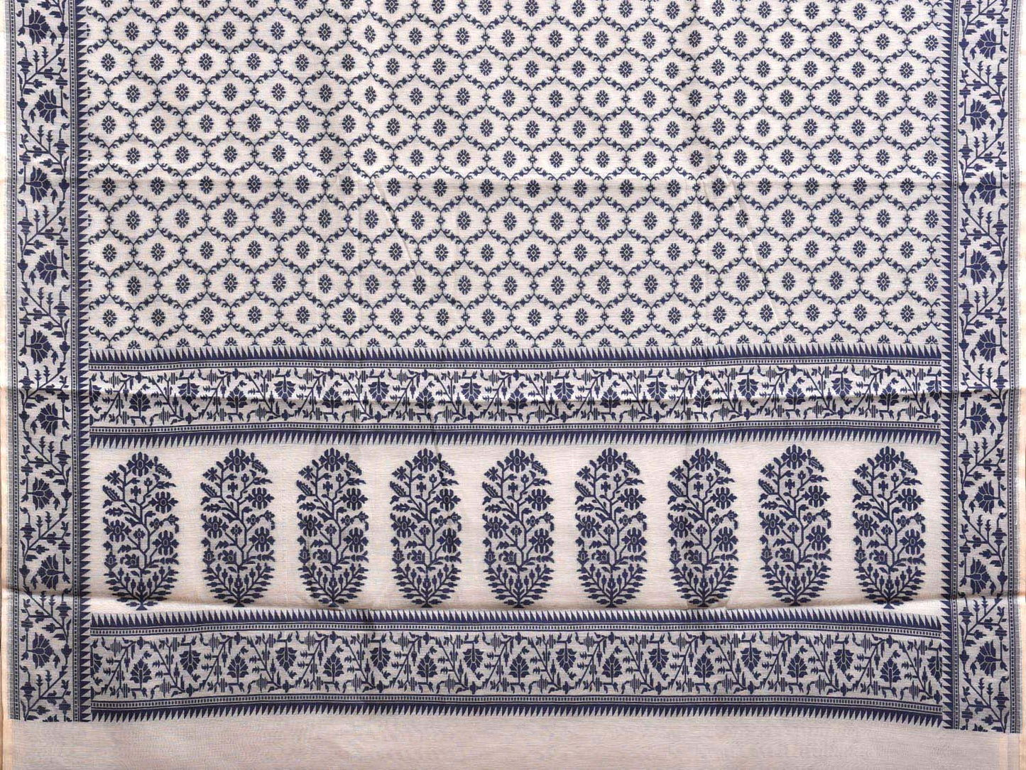 White and Navy Dhakai Jamdani Cotton Viscose Saree with Grill and Floral Pallu Design dj0080