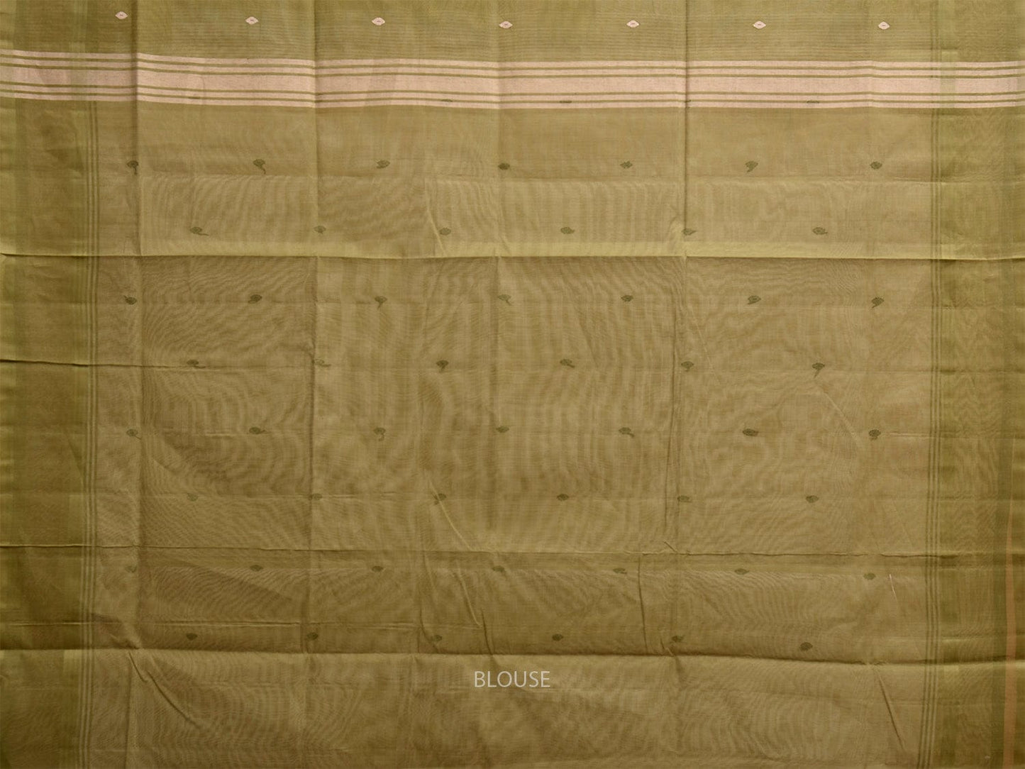 White and Olive Venkatagiri Cotton Saree with Strips and Buta Design v0128