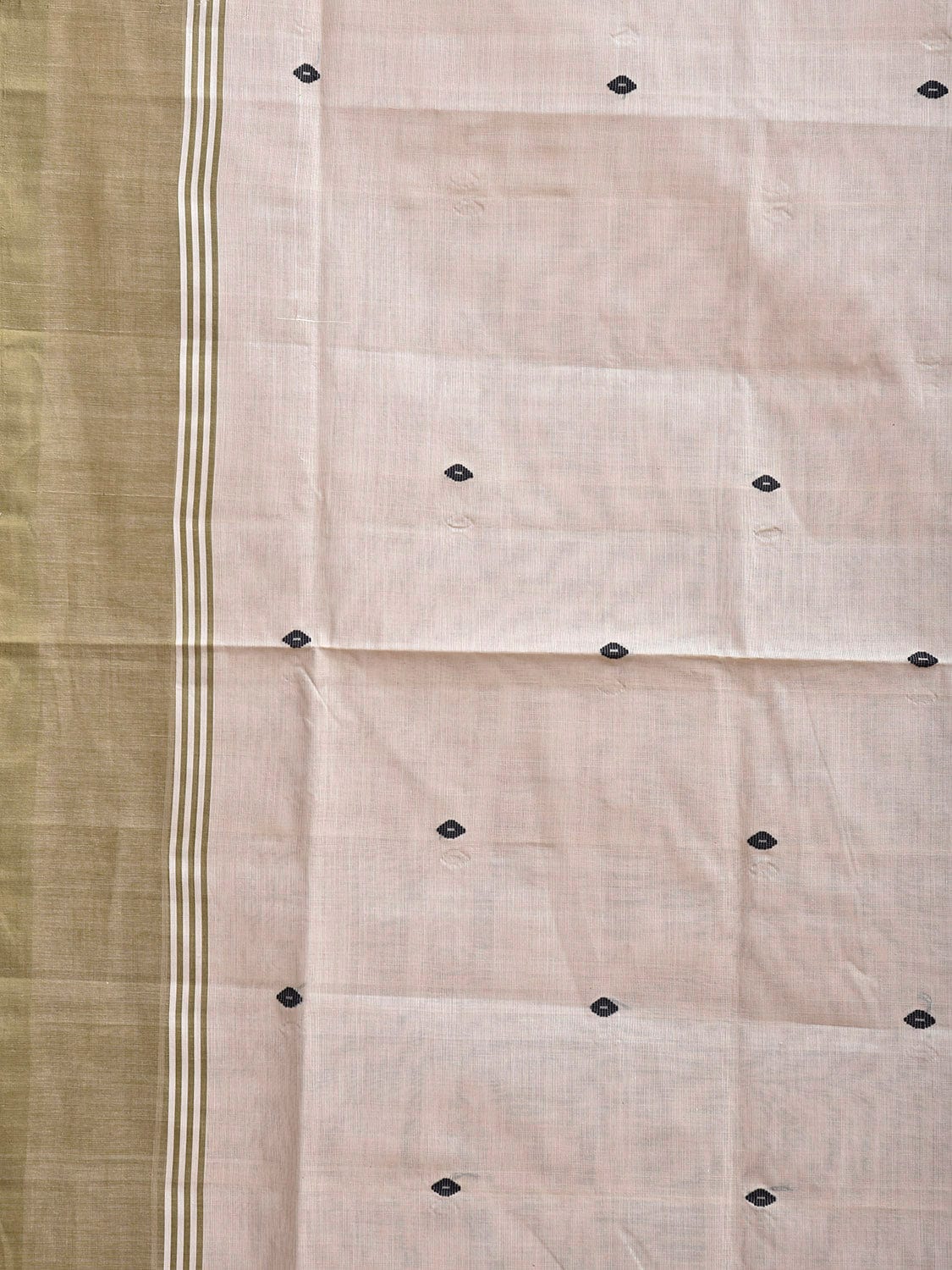 White and Olive Venkatagiri Cotton Saree with Strips and Buta Design v0128