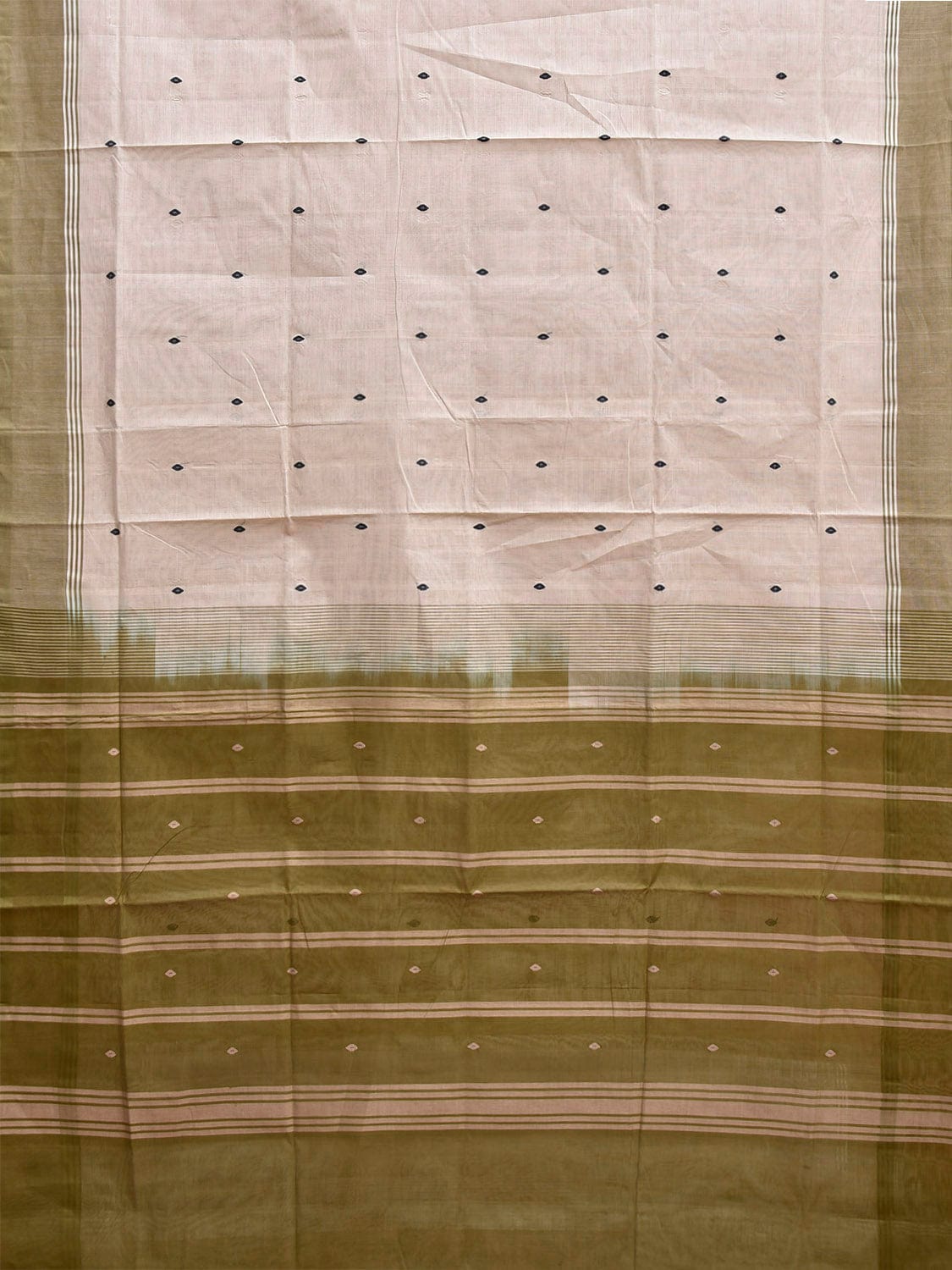 White and Olive Venkatagiri Cotton Saree with Strips and Buta Design v0128