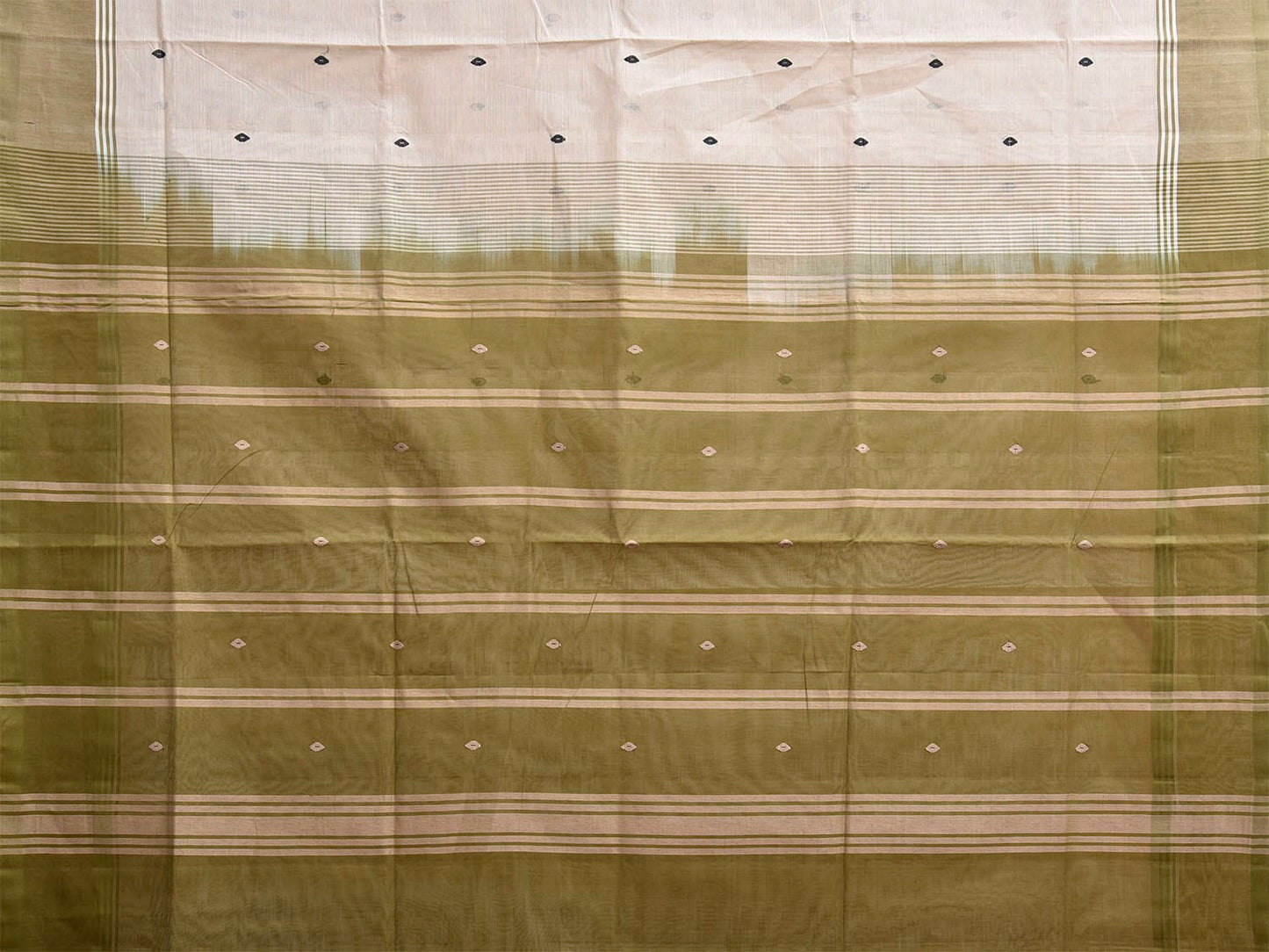 White and Olive Venkatagiri Cotton Saree with Strips and Buta Design v0128