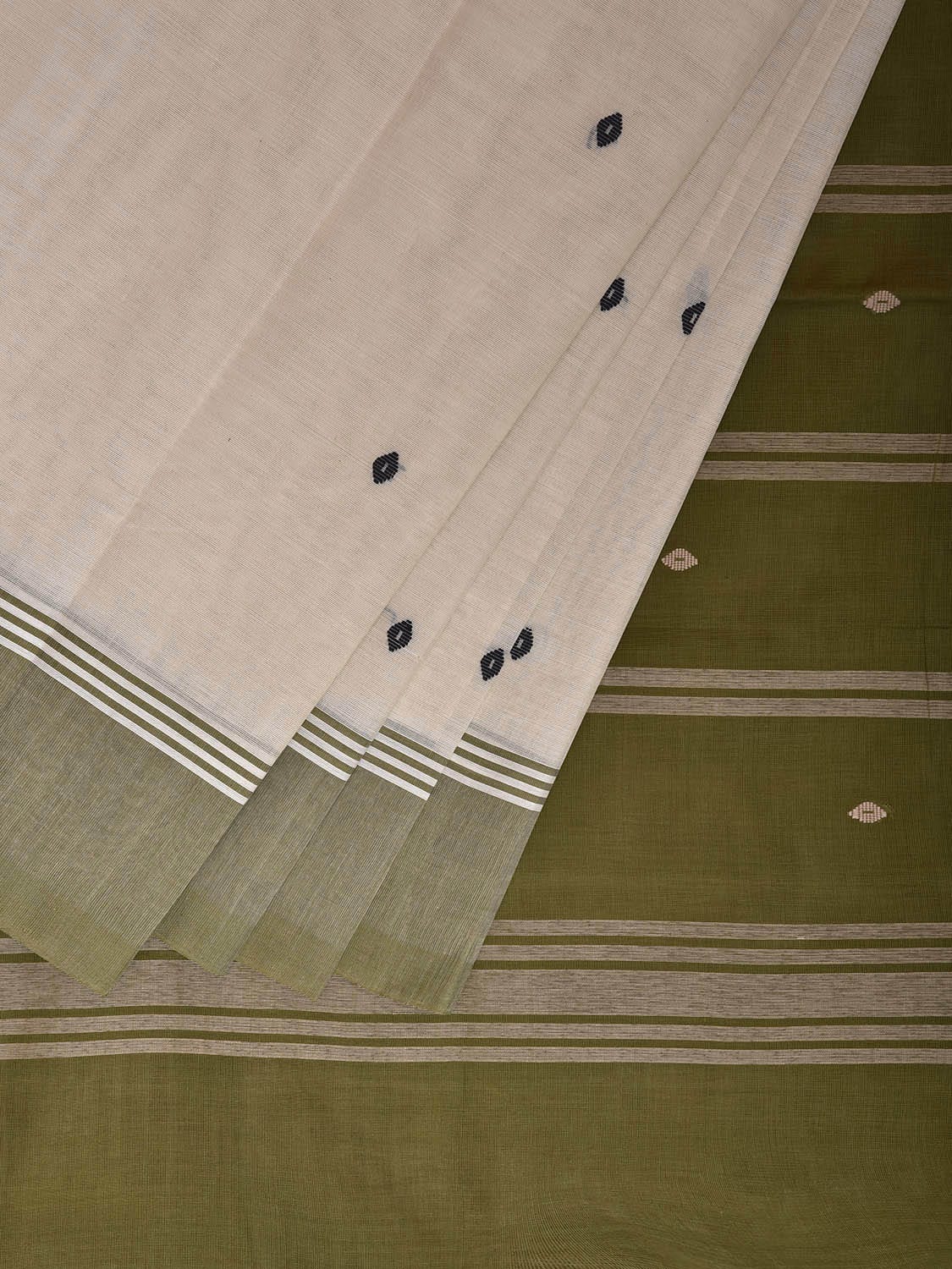 White and Olive Venkatagiri Cotton Saree with Strips and Buta Design v0128