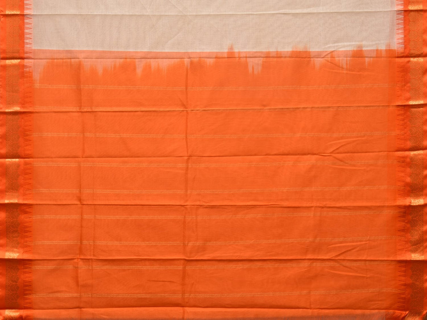White and Orange Gadwal Cotton Plain Saree with Small Border Design No Blouse g0342