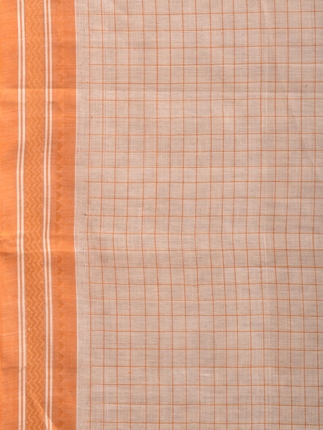 White and Orange Kanchipuram Cotton Handloom Saree with Checks Design k0563