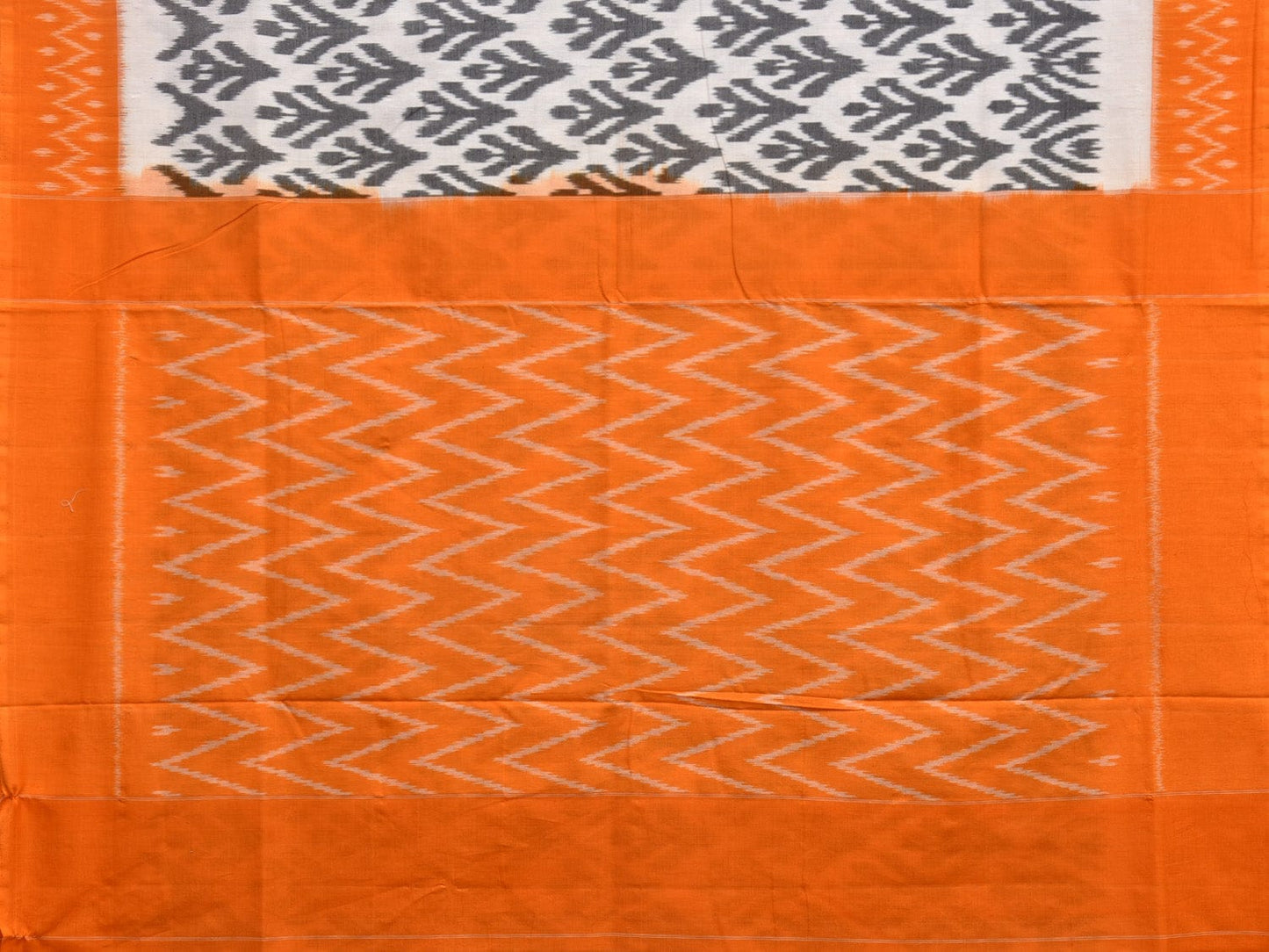 White and Orange Pochampally Ikat Cotton Handloom Saree with All Over Design No Blouse i0840