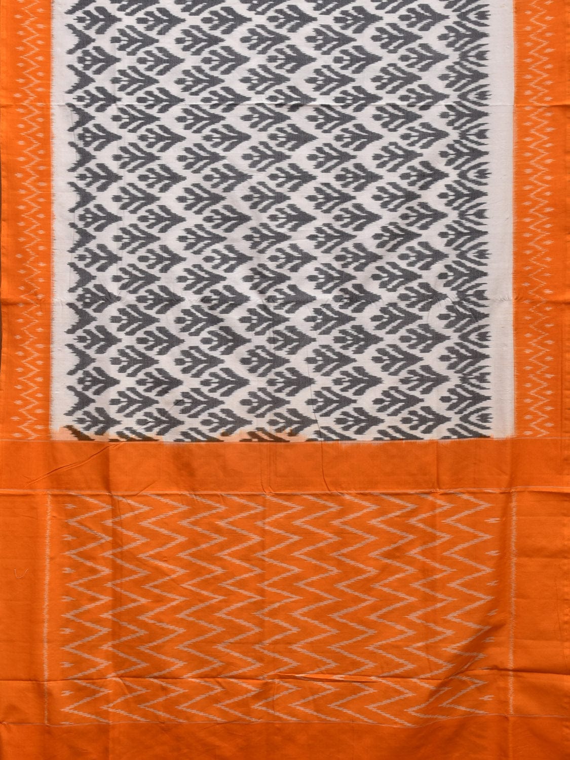 White and Orange Pochampally Ikat Cotton Handloom Saree with All Over Design No Blouse i0840