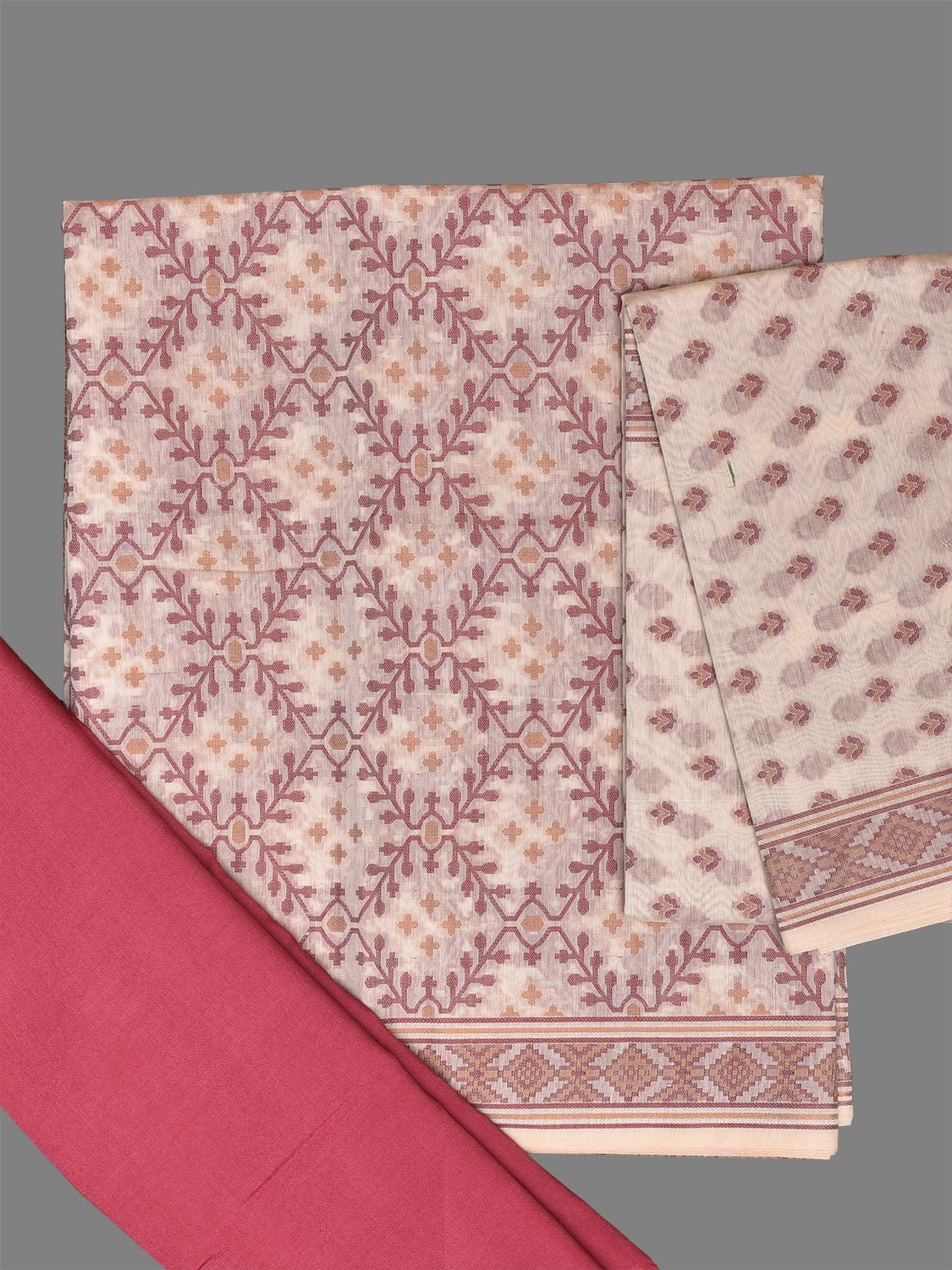White and Pink Banaras Cotton Viscose Dress Material with Dupatta, Top and Plain Bottom Design dm0070