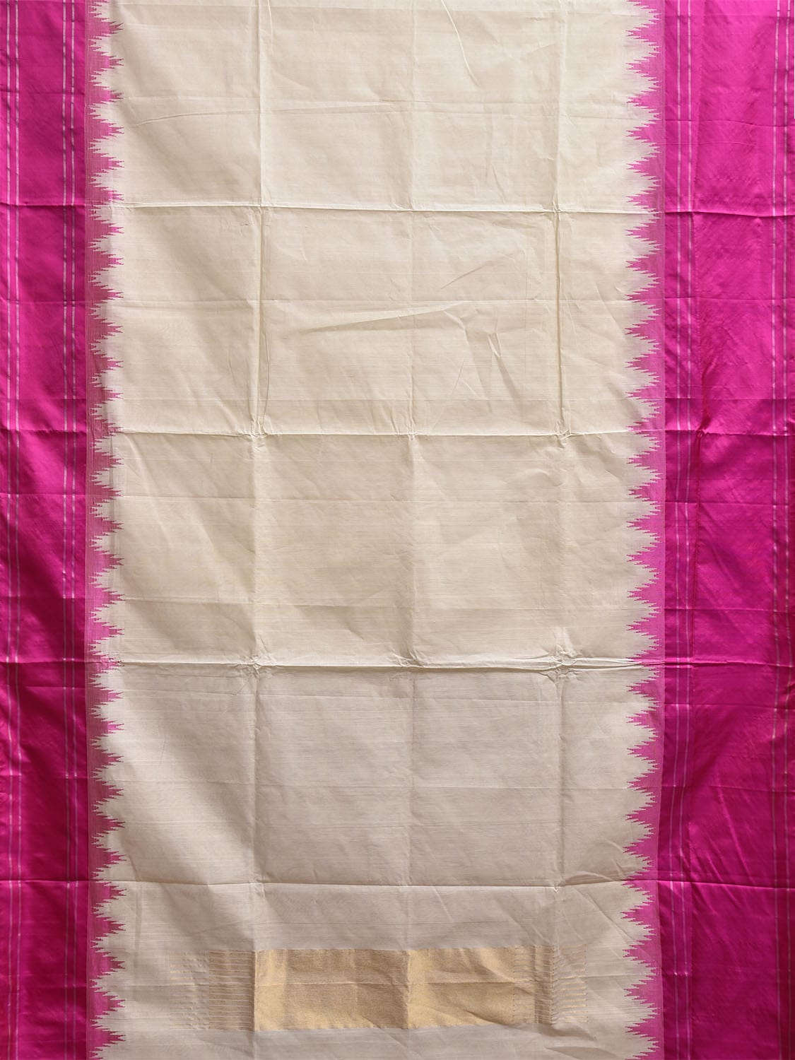 White and Pink Khadi Cotton Handloom Plain Saree with Big Temple Border Design kh0703