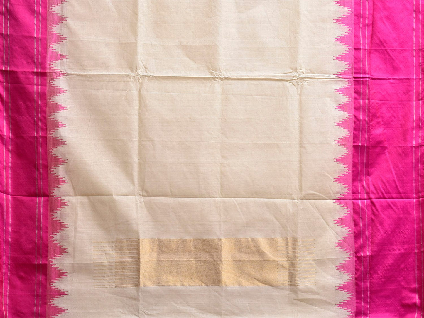 White and Pink Khadi Cotton Handloom Plain Saree with Big Temple Border Design kh0703