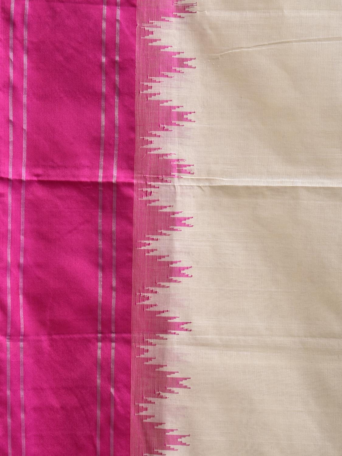 White and Pink Khadi Cotton Handloom Plain Saree with Big Temple Border Design kh0703