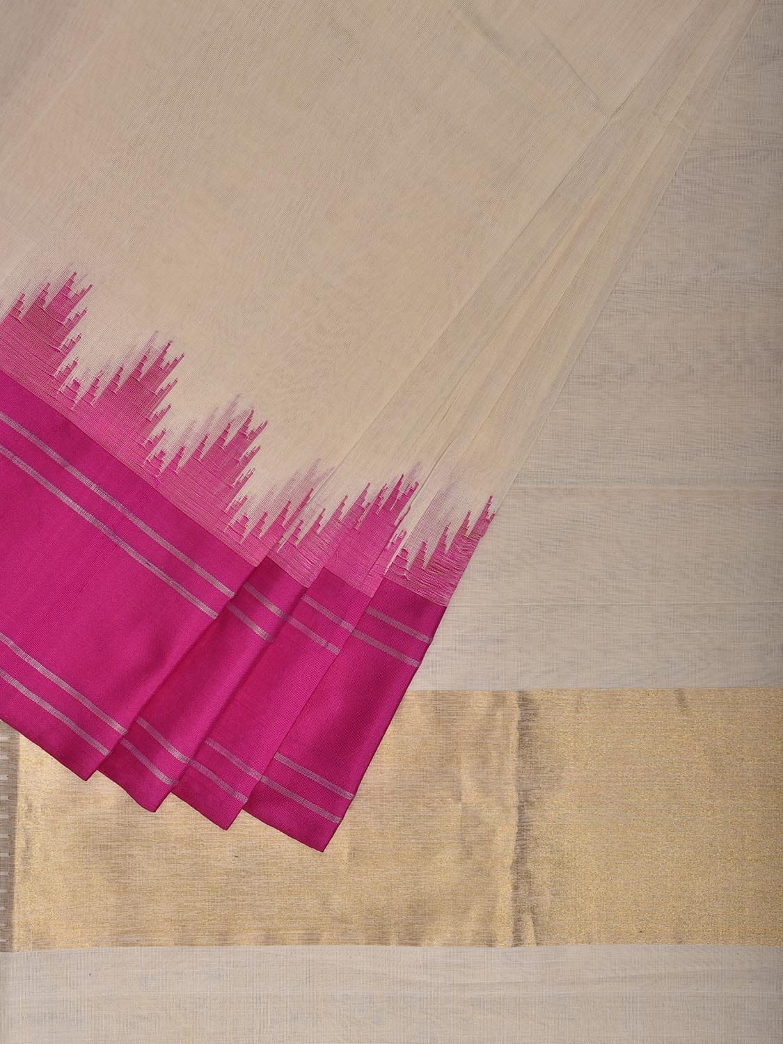 White and Pink Khadi Cotton Handloom Plain Saree with Big Temple Border Design kh0703