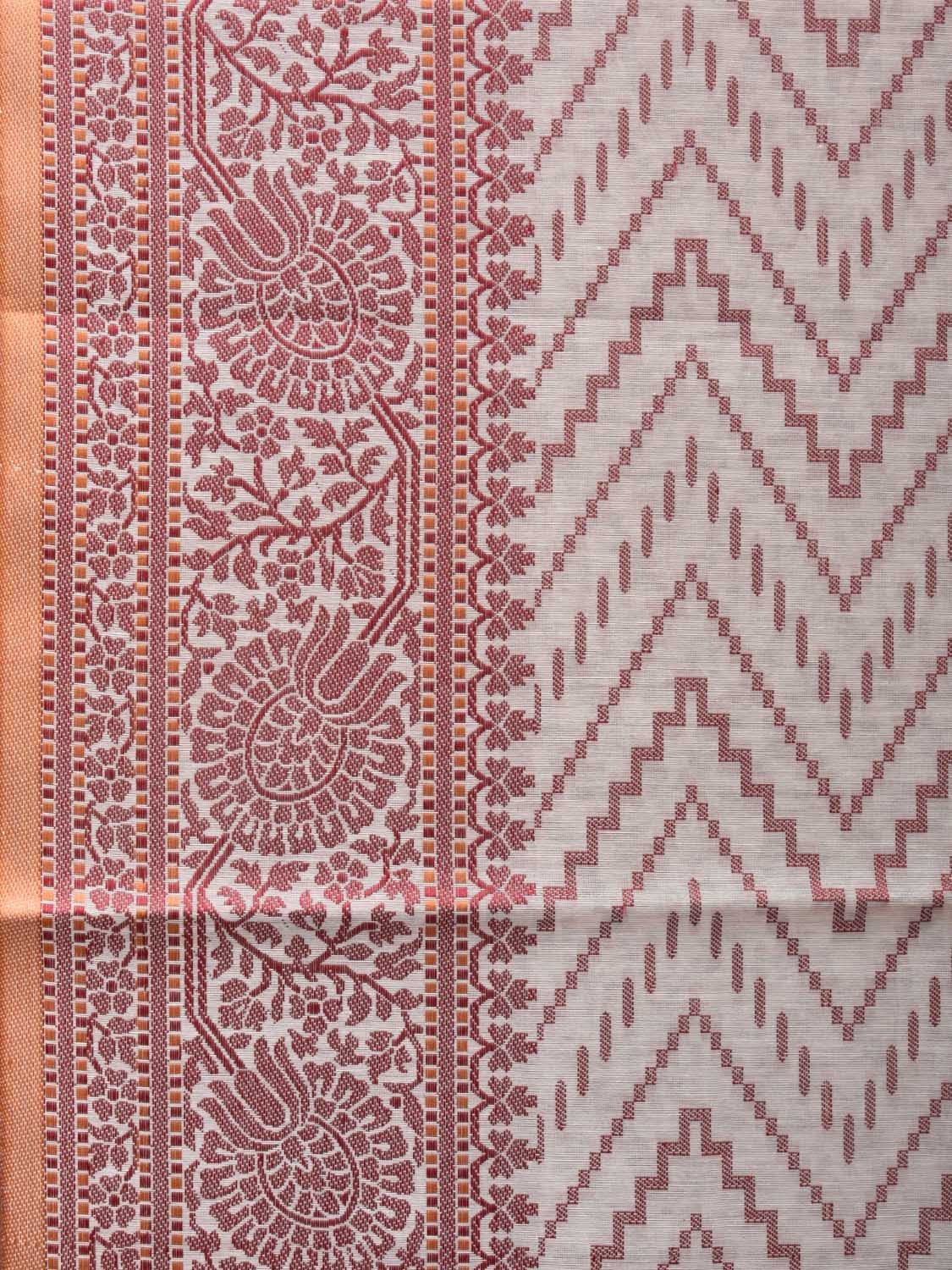 White and Red Cut Work Sico Cotton Saree with Zig-Zag and Border Design o0414