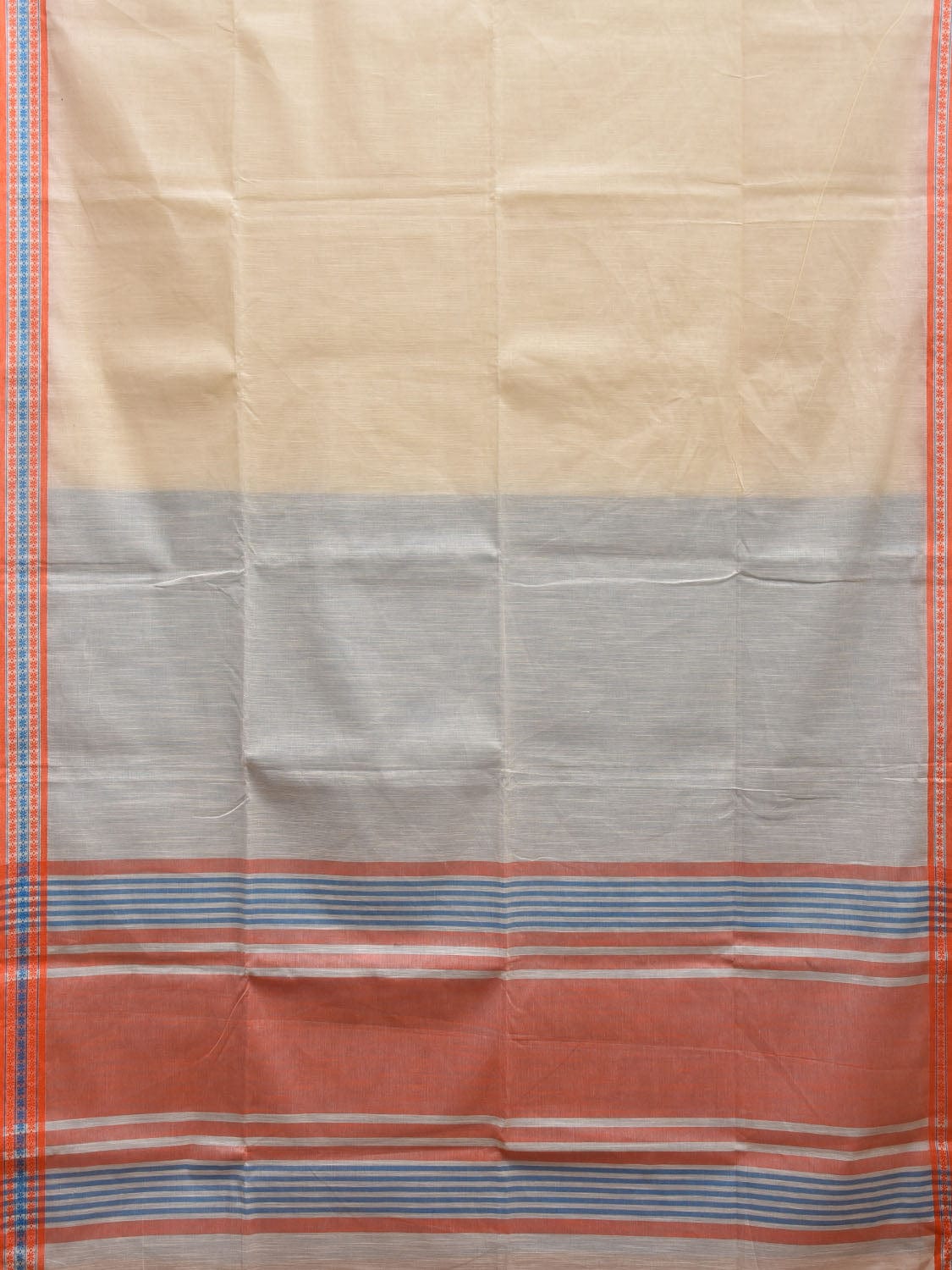 White and Red Kanchipuram Cotton Handloom Plain Saree with Strips Pallu Design k0589