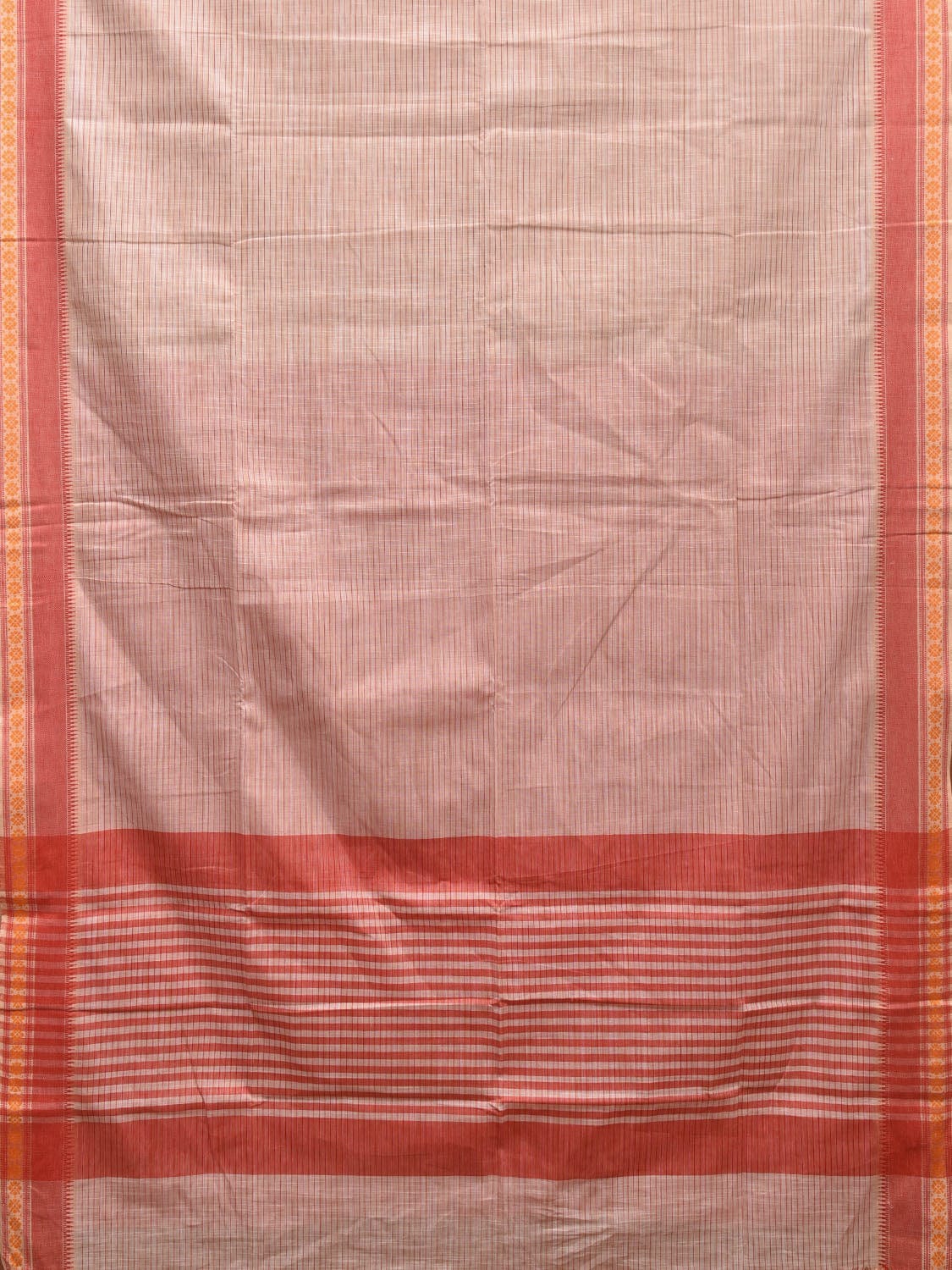 White and Red Kanchipuram Cotton Handloom Saree with Strips and Border Design k0585