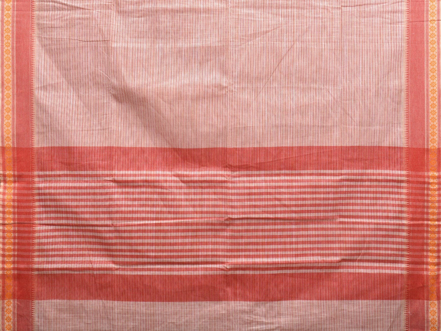 White and Red Kanchipuram Cotton Handloom Saree with Strips and Border Design k0585