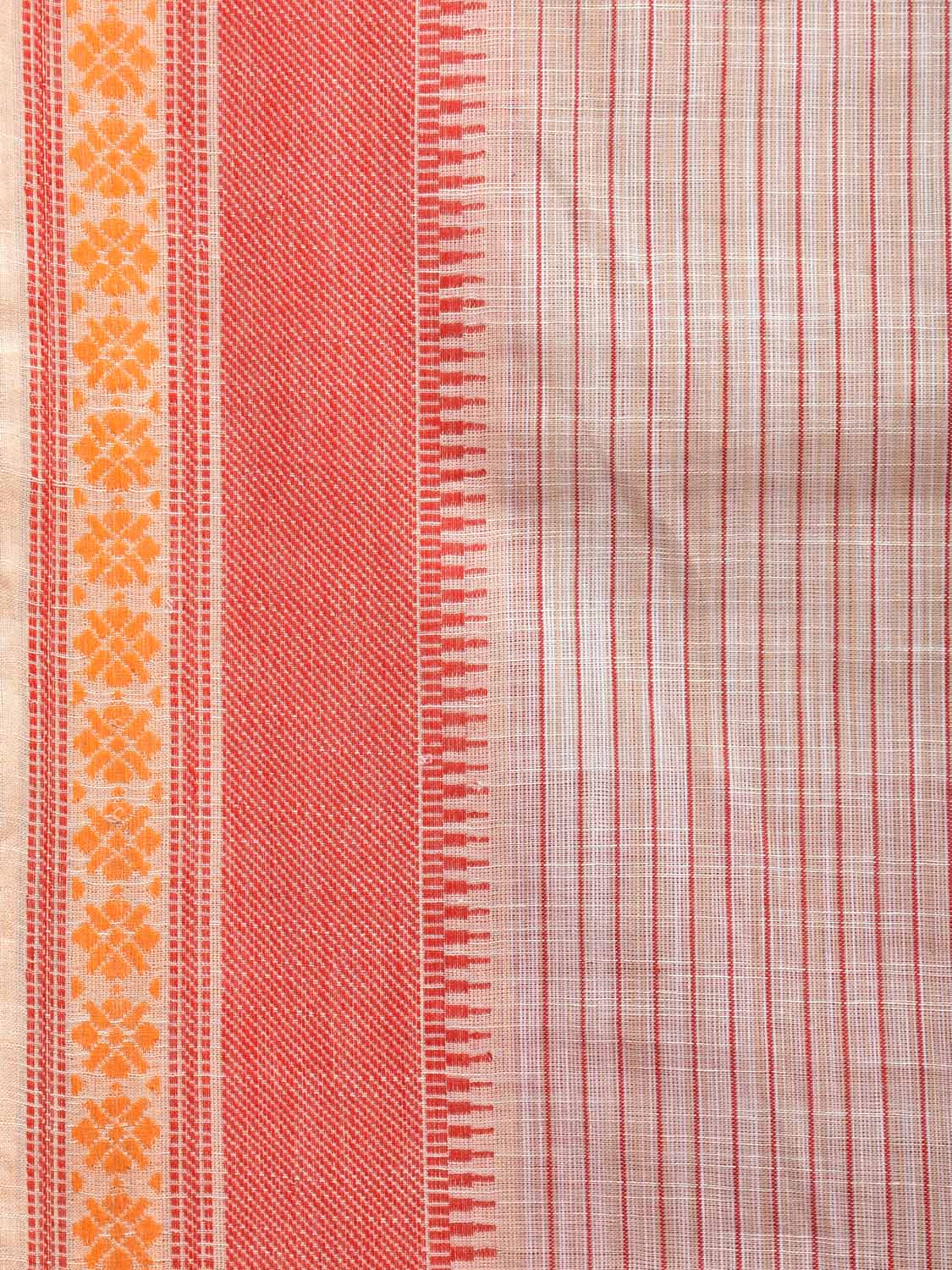 White and Red Kanchipuram Cotton Handloom Saree with Strips and Border Design k0585
