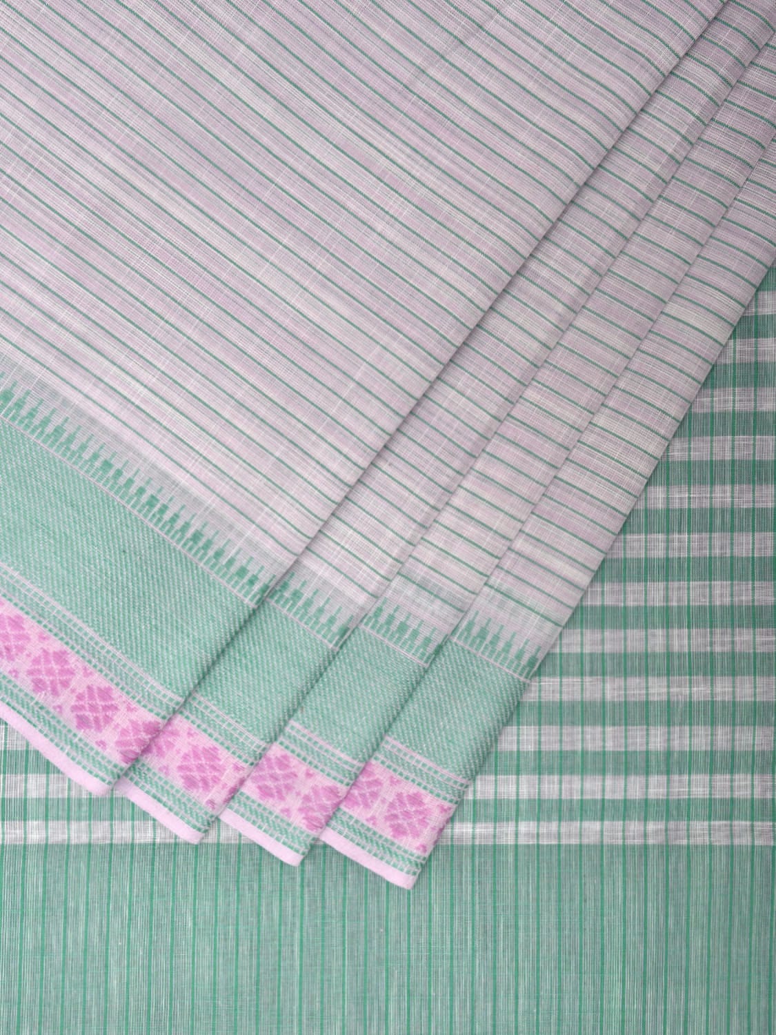 White and Turquoise Kanchipuram Cotton Handloom Saree with Strips and Border Design k0583