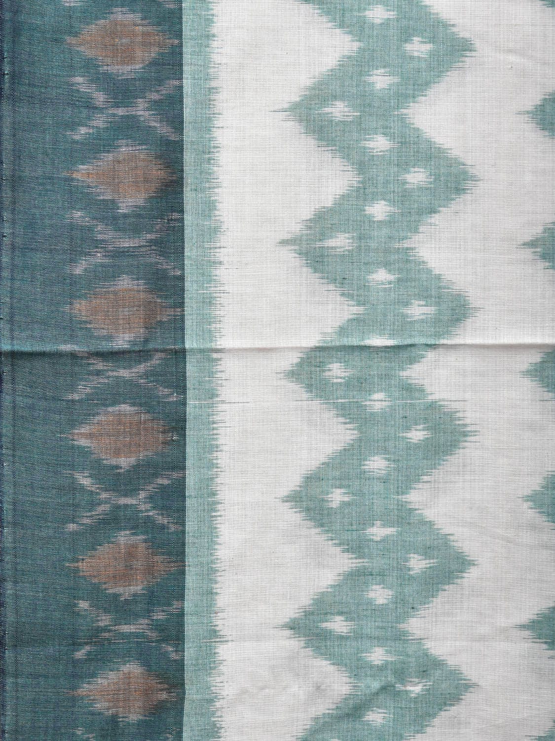 White and Turquoise Pochampally Ikat Cotton Handloom Saree with Zig-Zag Design No Blouse i0833