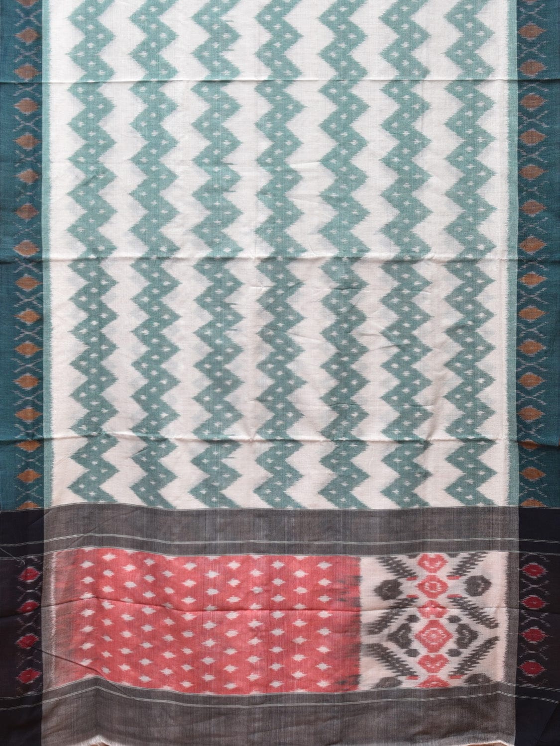 White and Turquoise Pochampally Ikat Cotton Handloom Saree with Zig-Zag Design No Blouse i0833