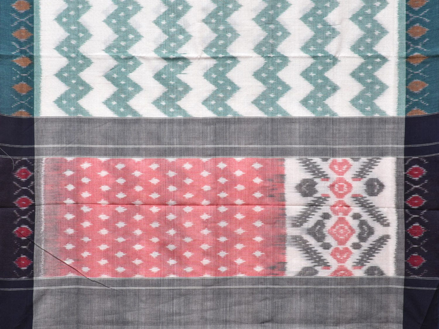 White and Turquoise Pochampally Ikat Cotton Handloom Saree with Zig-Zag Design No Blouse i0833
