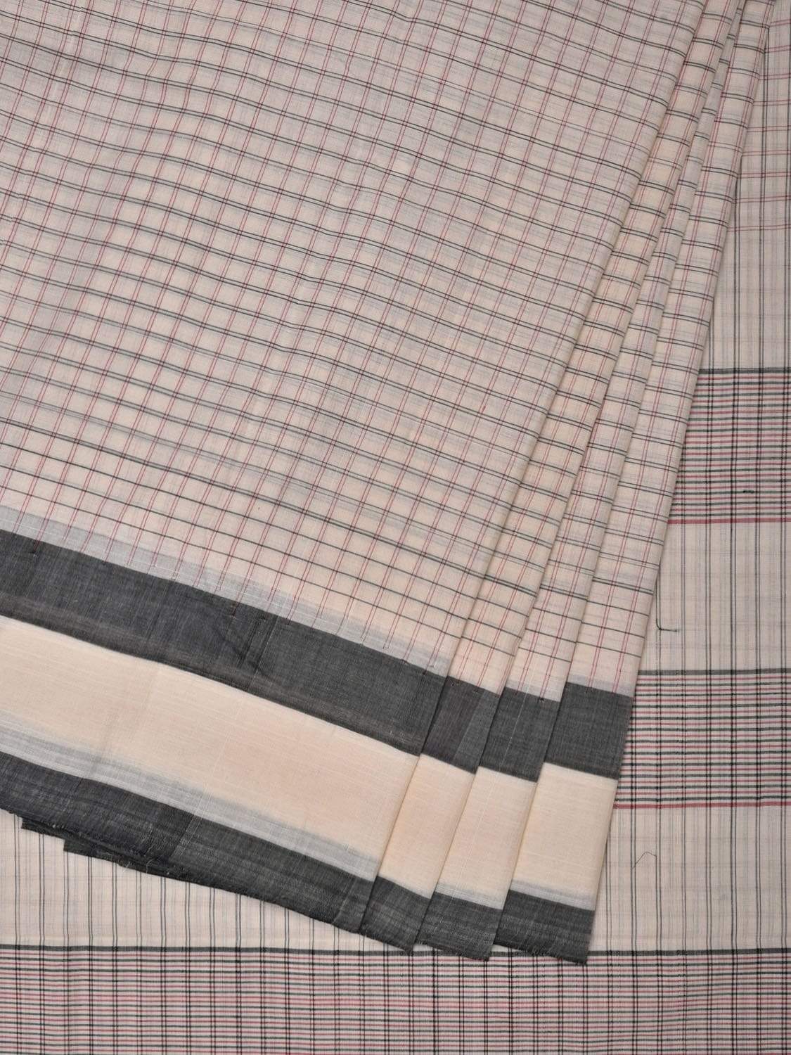 White Cotton Handloom Saree with Checks Design o0292