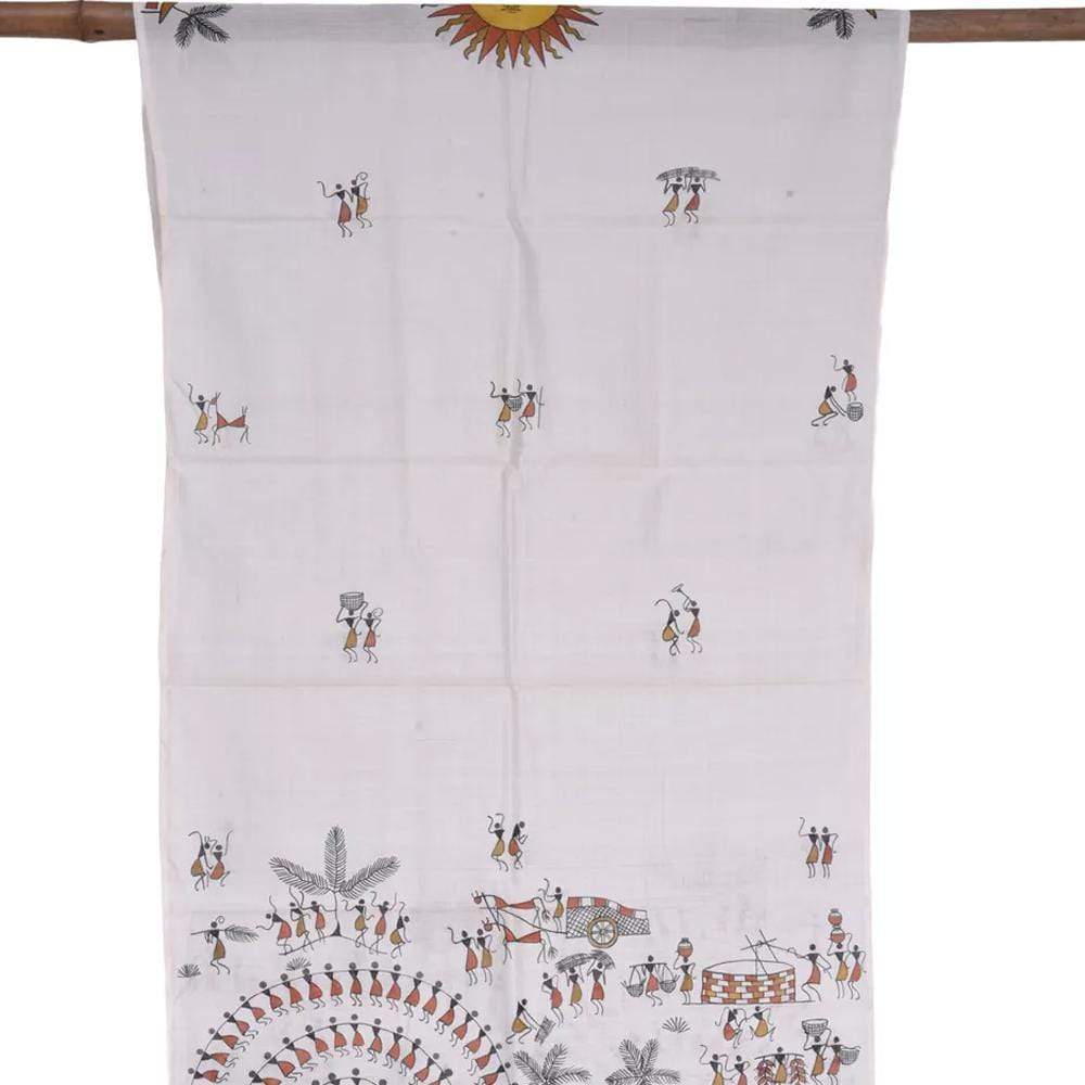 White Cotton Handloom Stole with Tribal Design ds1562