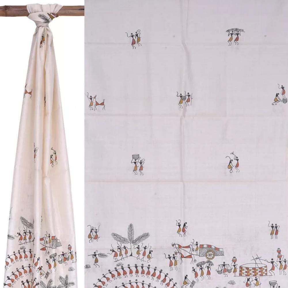 White Cotton Handloom Stole with Tribal Design ds1562