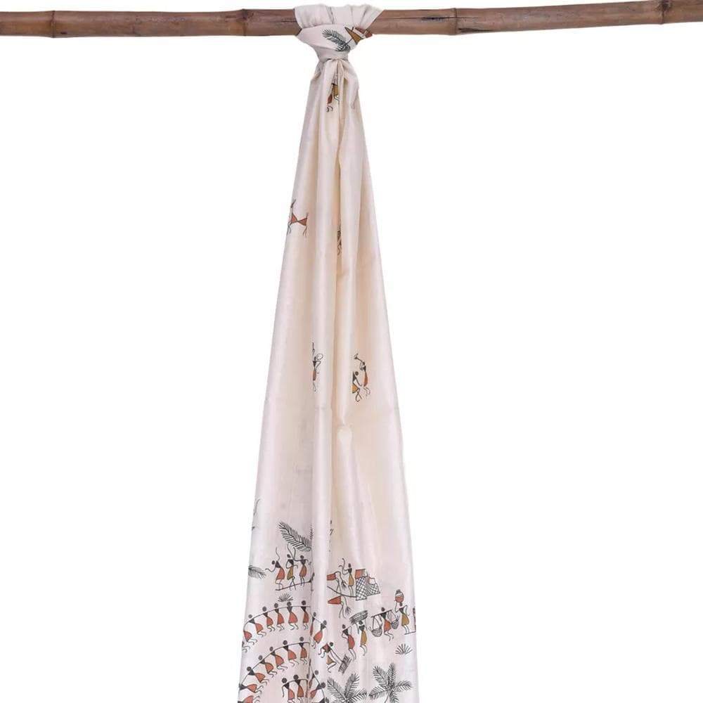 White Cotton Handloom Stole with Tribal Design ds1562