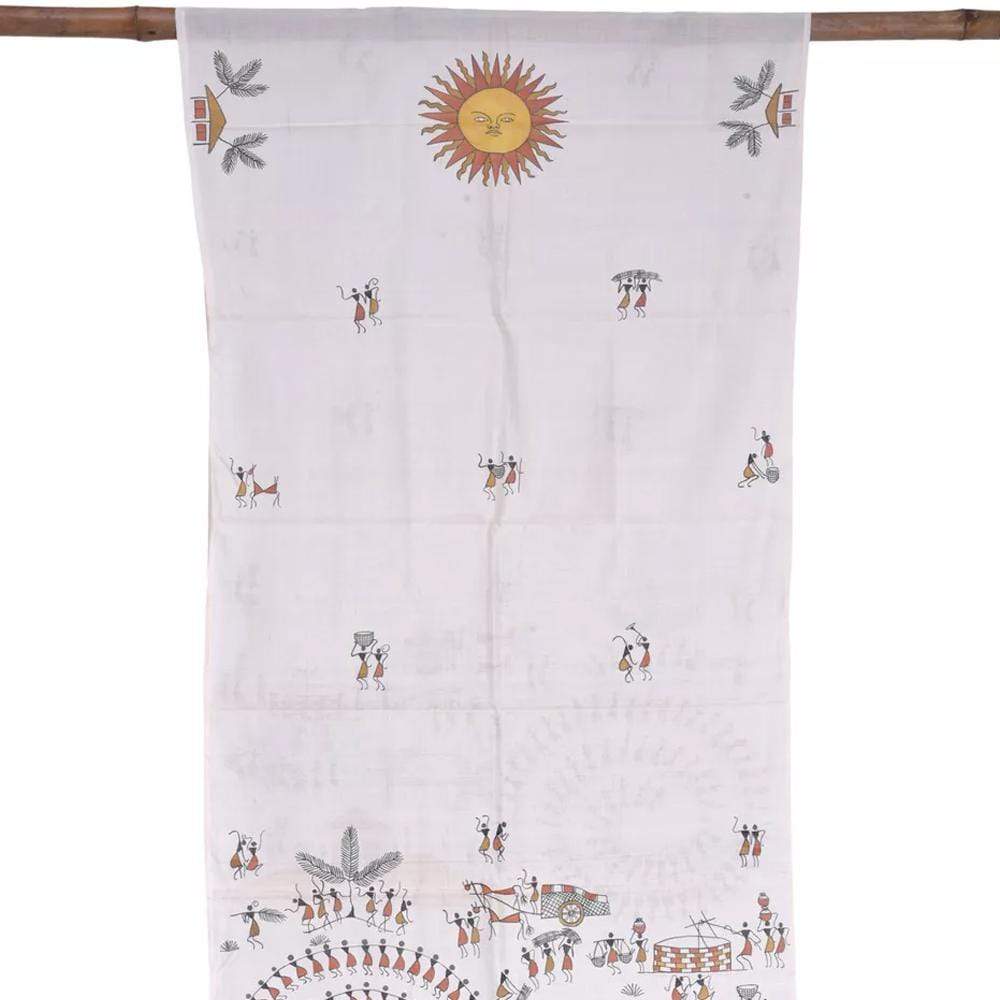 White Cotton Handloom Stole with Tribal Design ds1562