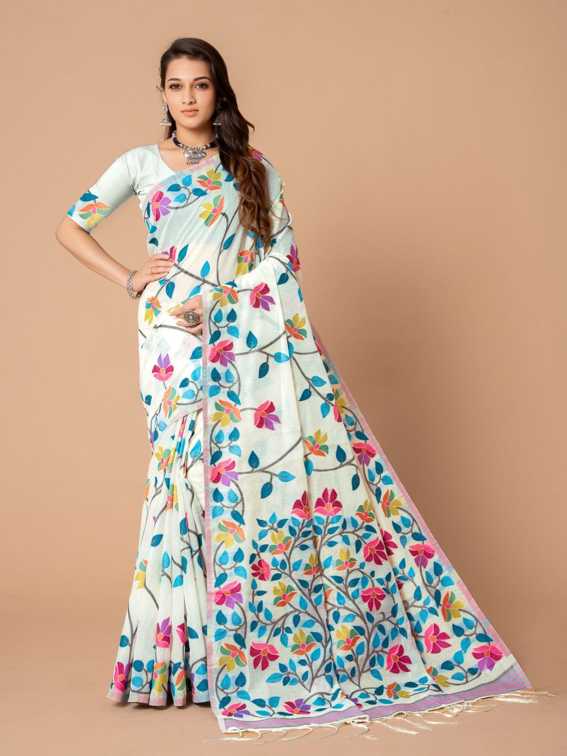 White Dhakai Jamdani Cotton Viscose Saree with Floral Border and Pallu Design dj0105