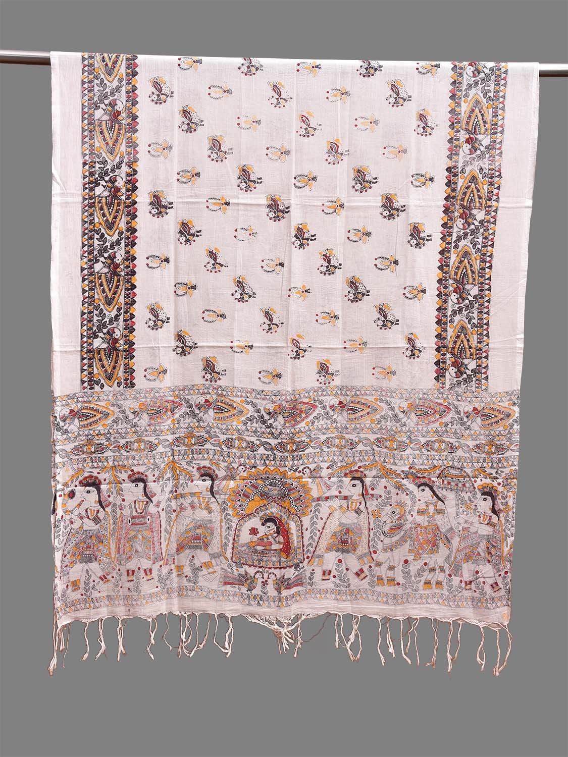White Digital Print Cotton Dupatta with Madhubani Design ds3735