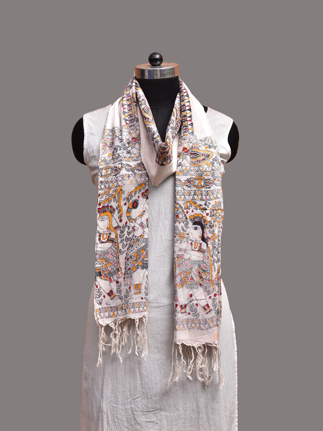 White Digital Print Cotton Dupatta with Madhubani Design ds3735
