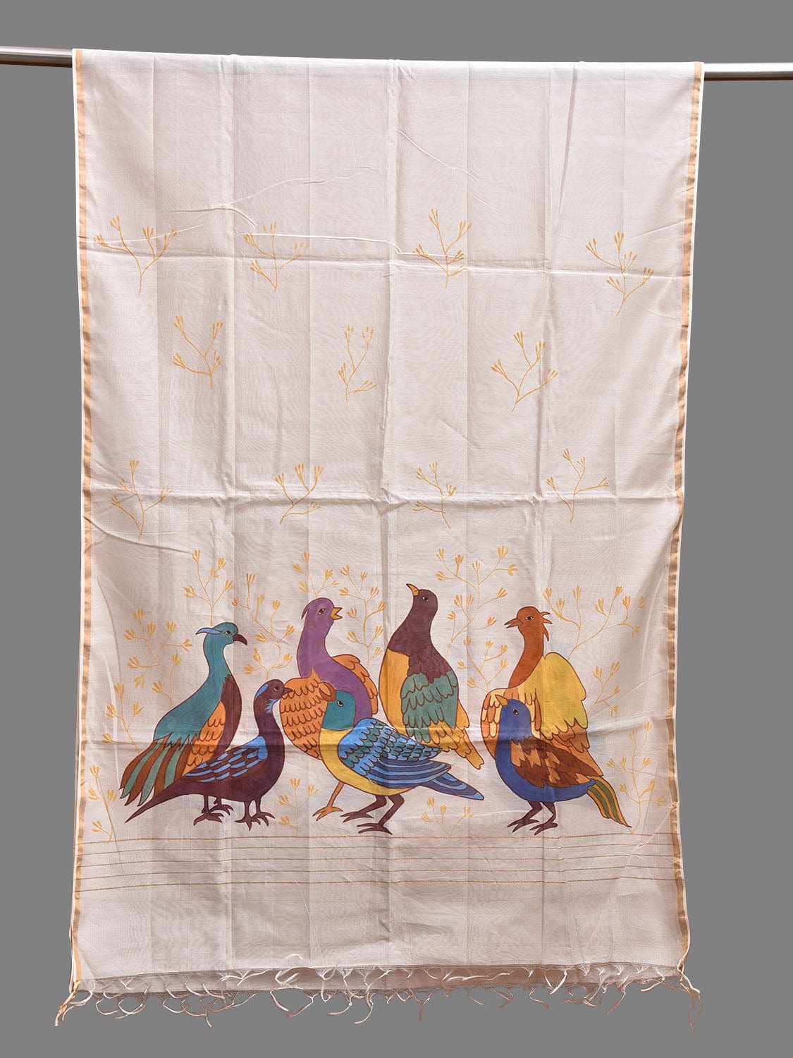 White Hand Painted Cotton Silk Dupatta with Birds Design ds3734