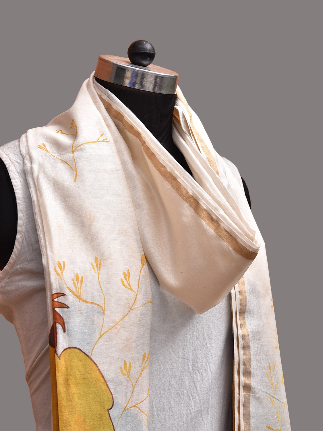 White Hand Painted Cotton Silk Dupatta with Birds Design ds3734