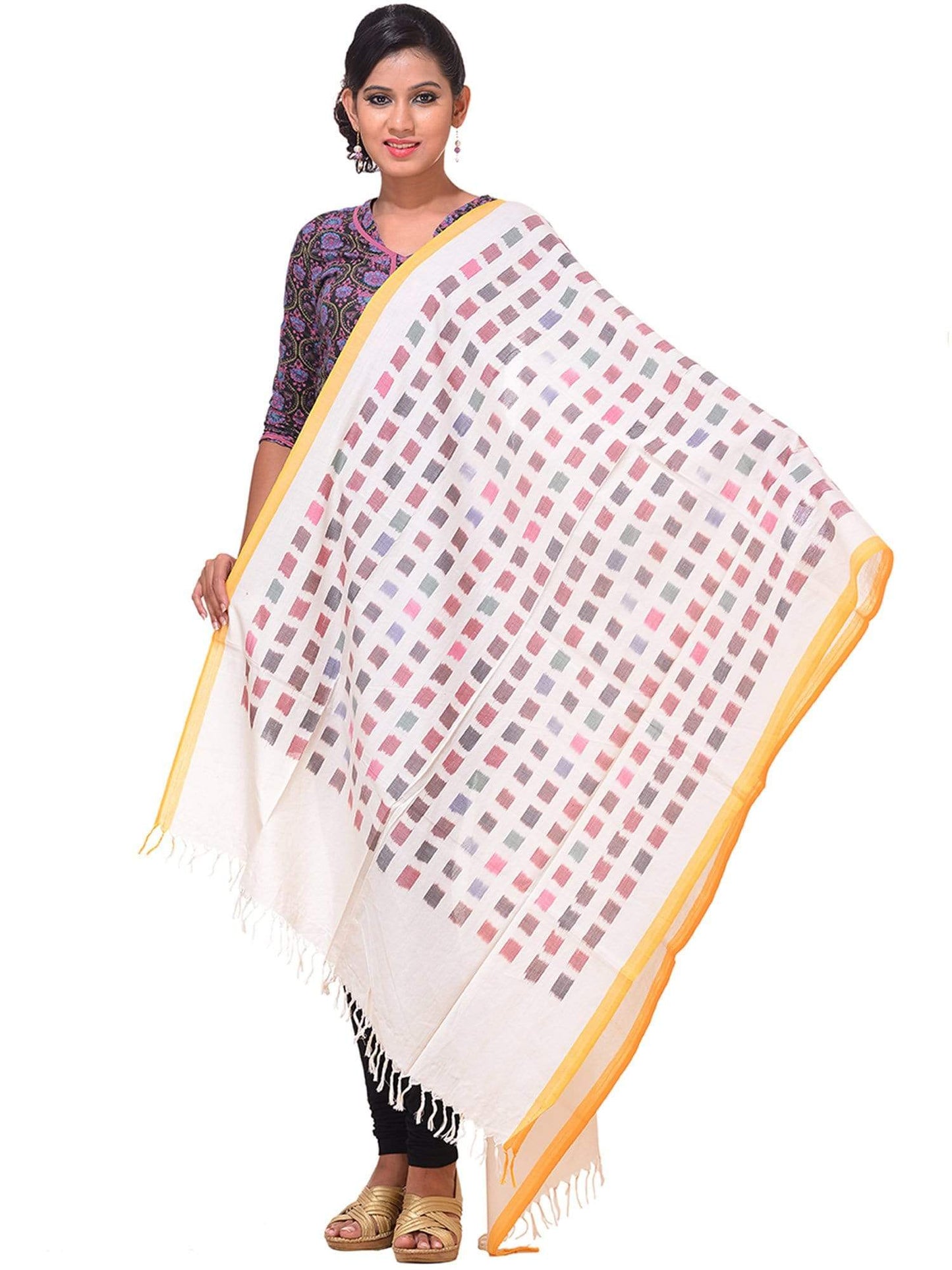 White Ikat Cotton Handloom Dupatta with Checks Design ds0992