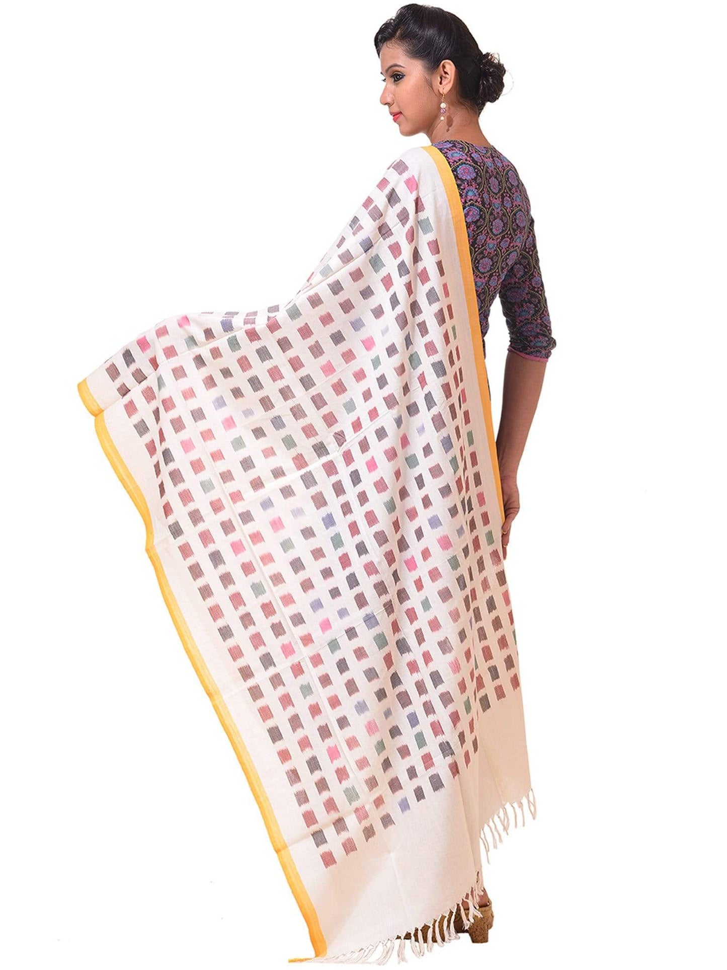 White Ikat Cotton Handloom Dupatta with Checks Design ds0992