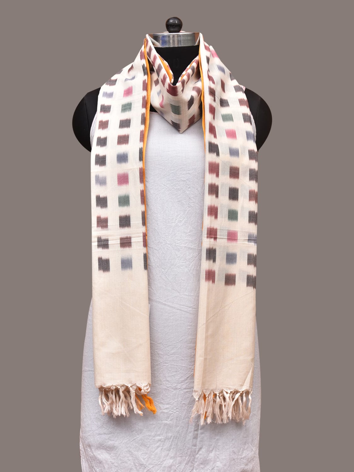 White Ikat Cotton Handloom Dupatta with Checks Design ds0992