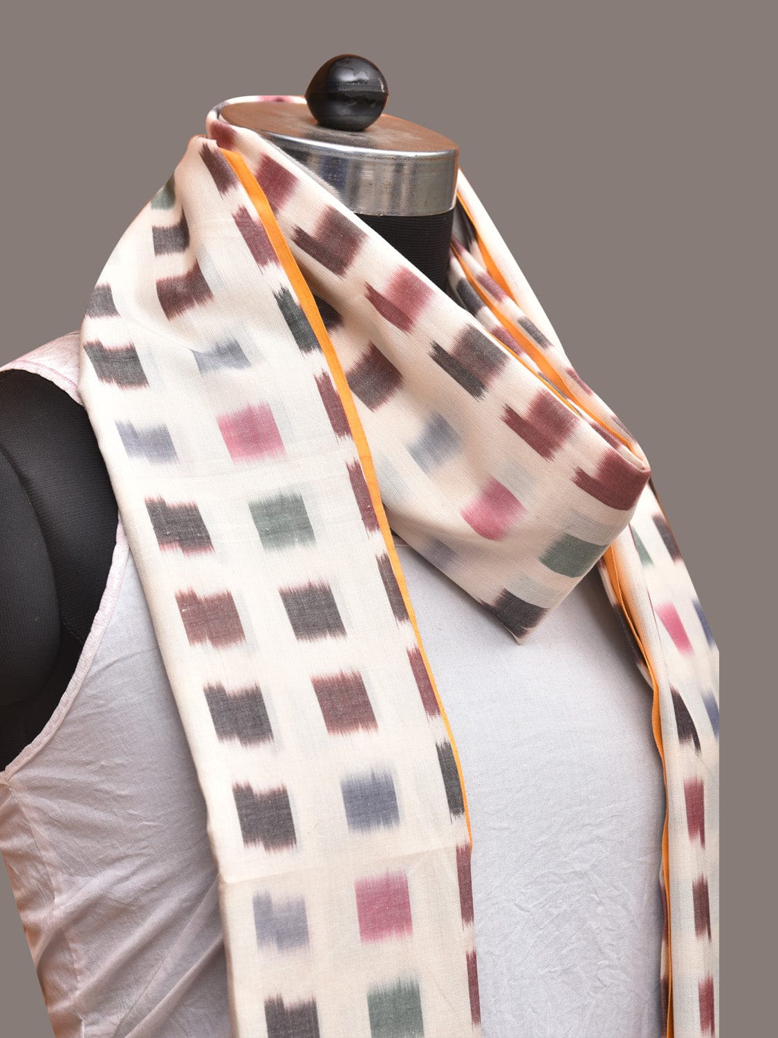 White Ikat Cotton Handloom Dupatta with Checks Design ds0992